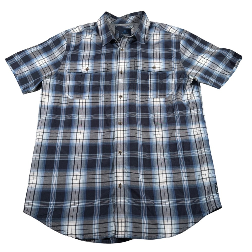 Prana Plaid Button Down Shirt Mens Medium Blue Short Sleeve Pocket Hiking